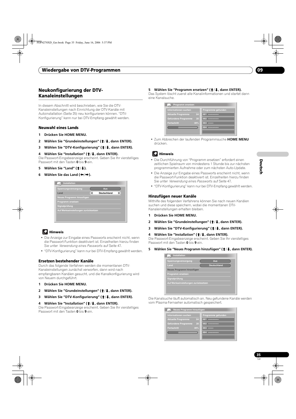 Neukonfigurierung der dtv-kanaleinstellungen, Neuwahl eines lands, Ersetzen bestehender kanäle | Hinzufügen neuer kanäle, Wiedergabe von dtv-programmen 09, Neukonfigurierung der dtv- kanaleinstellungen, Deutsch | Pioneer PDP-4270XD User Manual | Page 151 / 176