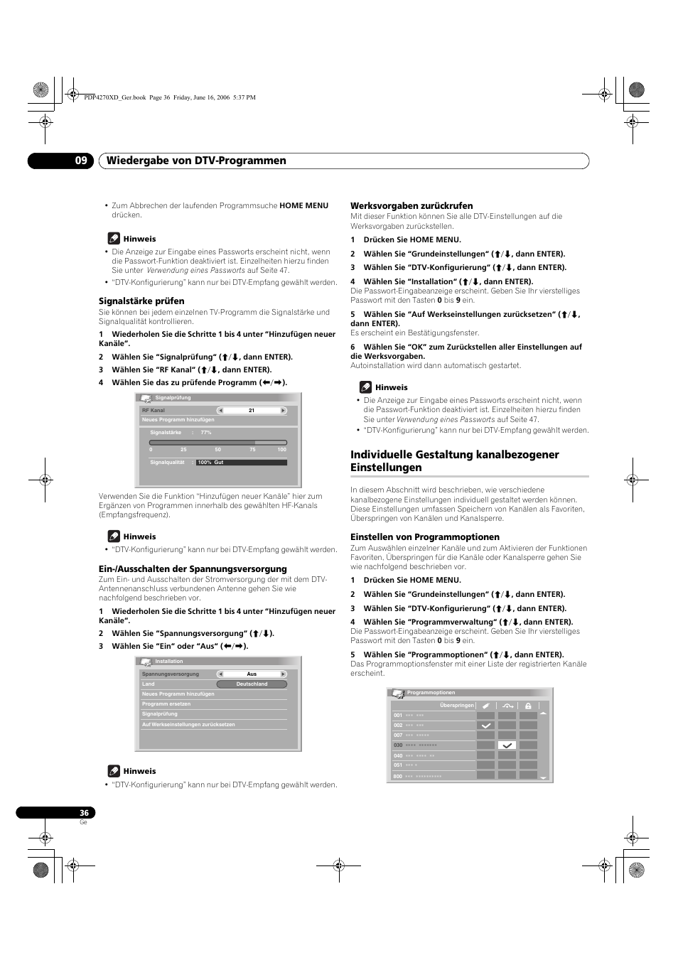 Signalstärke prüfen, Ein-/ausschalten der spannungsversorgung, Werksvorgaben zurückrufen | Einstellen von programmoptionen, Wiedergabe von dtv-programmen 09 | Pioneer PDP-4270XD User Manual | Page 152 / 176