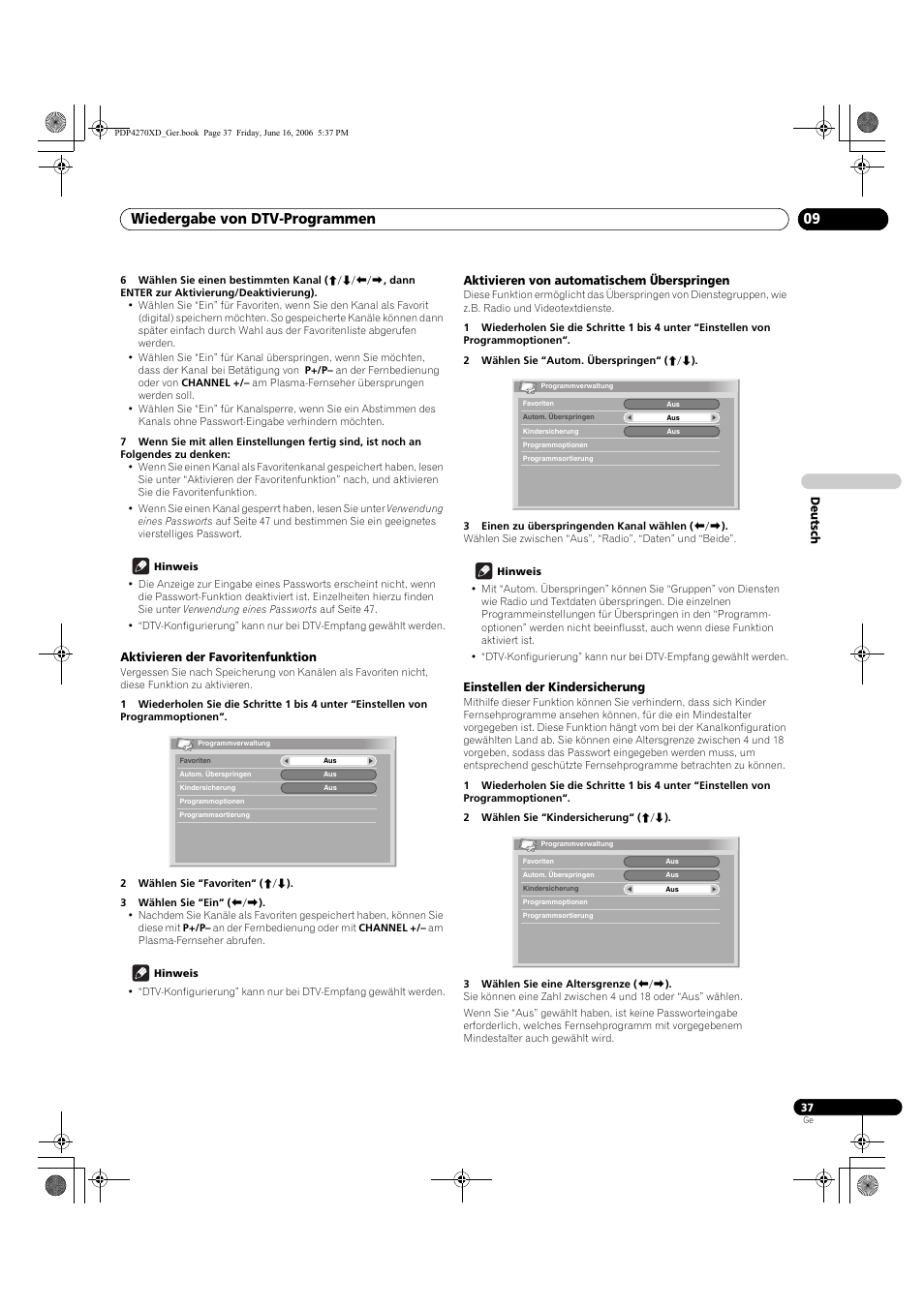 Aktivieren der favoritenfunktion, Aktivieren von automatischem überspringen, Einstellen der kindersicherung | Wiedergabe von dtv-programmen 09 | Pioneer PDP-4270XD User Manual | Page 153 / 176