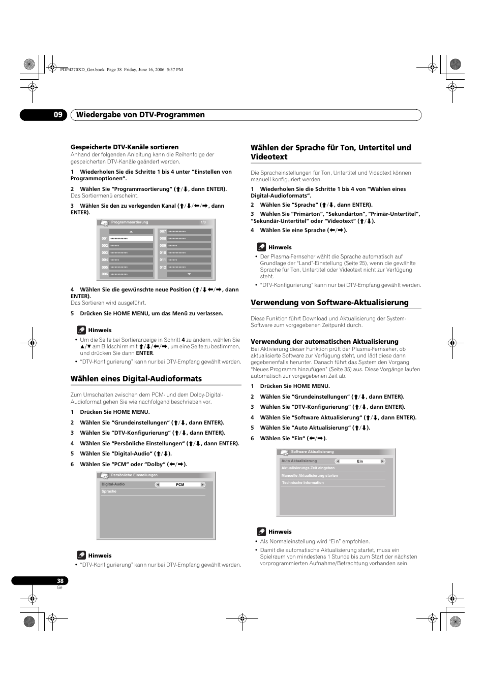 Gespeicherte dtv-kanäle sortieren, Wählen eines digital-audioformats, Verwendung von software-aktualisierung | Verwendung der automatischen aktualisierung, Wiedergabe von dtv-programmen 09 | Pioneer PDP-4270XD User Manual | Page 154 / 176