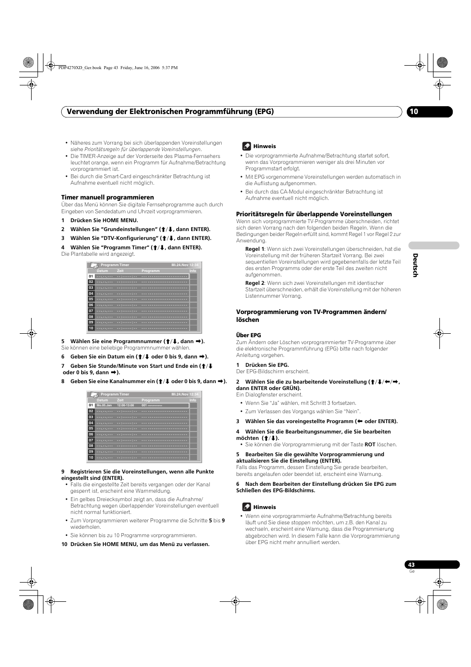 Timer manuell programmieren, Prioritätsregeln für überlappende voreinstellungen, Vorprogrammierung von tv-programmen ändern/löschen | Deutsch | Pioneer PDP-4270XD User Manual | Page 159 / 176