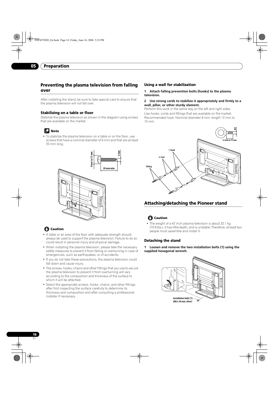 Preventing the plasma television from falling over, Stabilizing on a table or floor, Using a wall for stabilization | Attaching/detaching the pioneer stand, Detaching the stand, Preparation 05 | Pioneer PDP-4270XD User Manual | Page 16 / 176