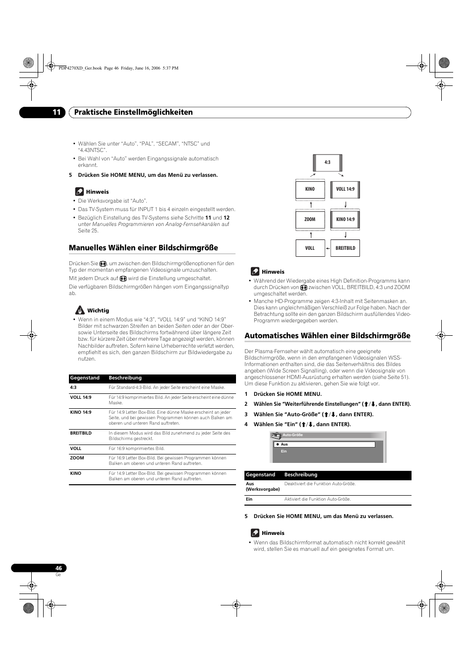 Manuelles wählen einer bildschirmgröße, Automatisches wählen einer bildschirmgröße, Praktische einstellmöglichkeiten 11 | Pioneer PDP-4270XD User Manual | Page 162 / 176