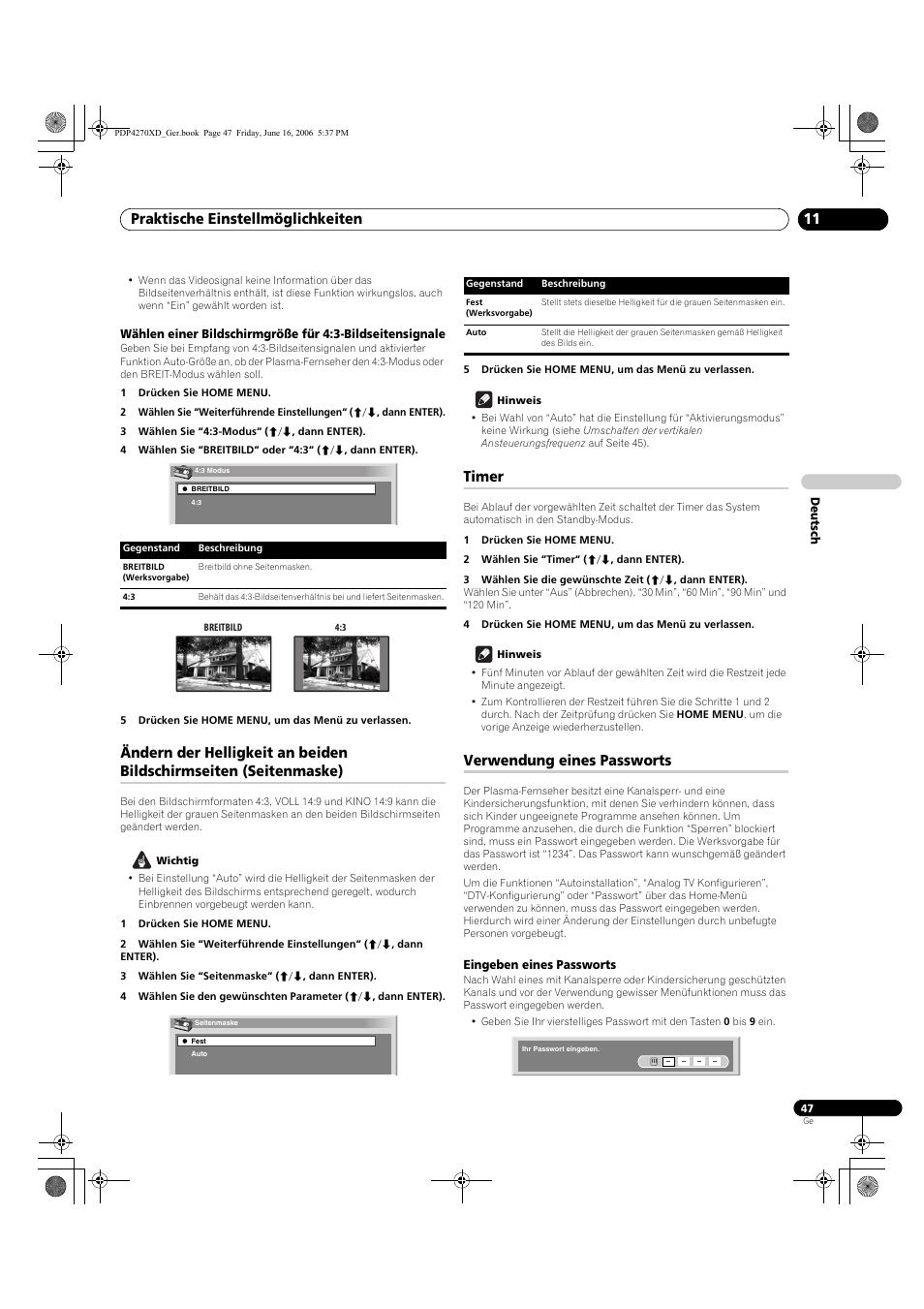 Timer, Verwendung eines passworts, Eingeben eines passworts | Praktische einstellmöglichkeiten 11 | Pioneer PDP-4270XD User Manual | Page 163 / 176