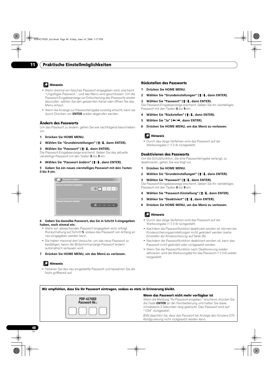 Ändern des passworts, Rückstellen des passworts, Deaktivieren des passworts | Praktische einstellmöglichkeiten 11 | Pioneer PDP-4270XD User Manual | Page 164 / 176