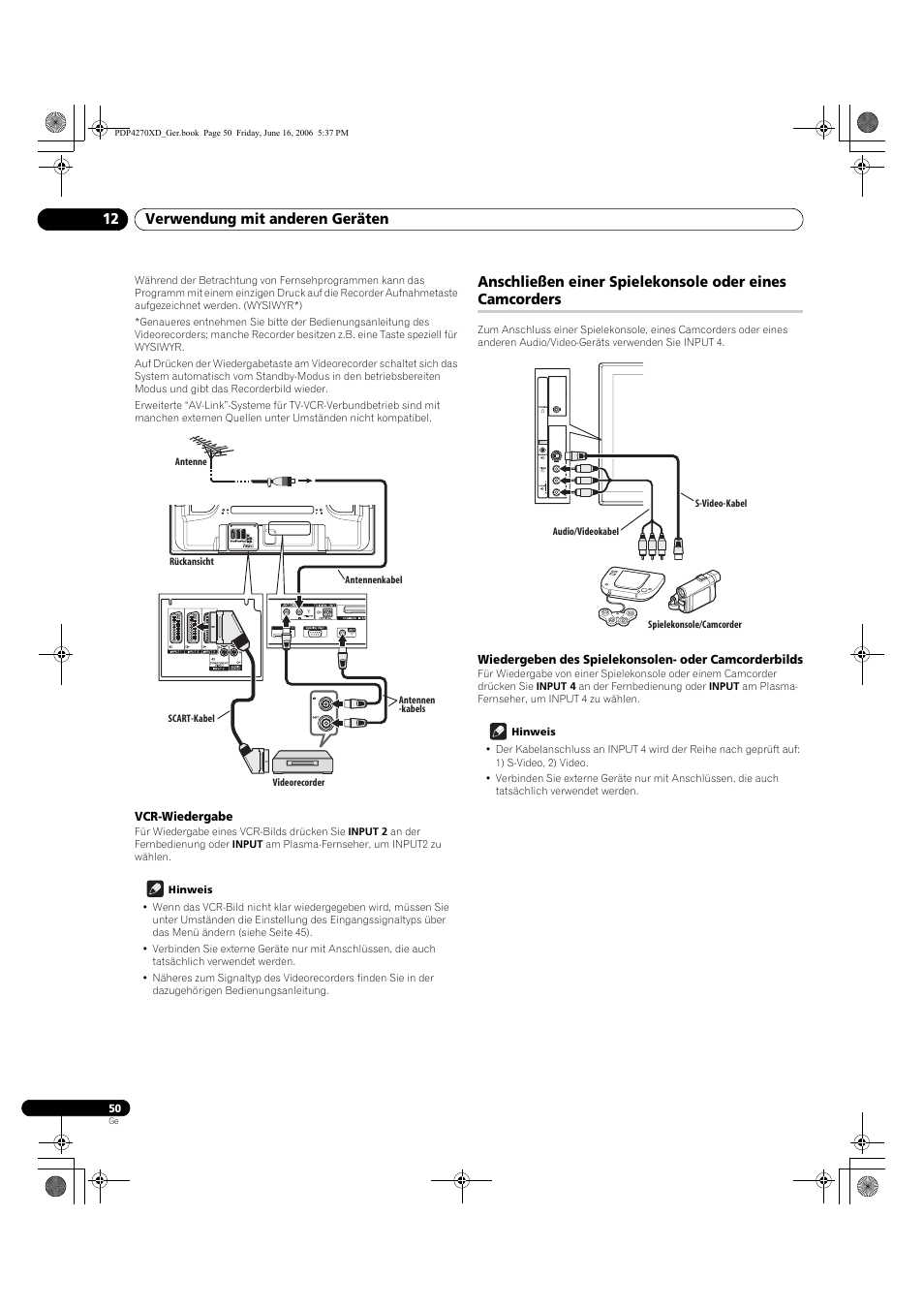 Vcr-wiedergabe, Verwendung mit anderen geräten 12 | Pioneer PDP-4270XD User Manual | Page 166 / 176