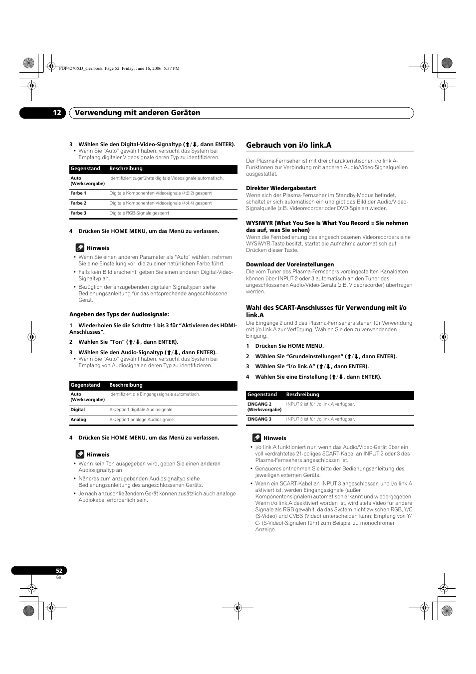 Gebrauch von i/o link.a, Verwendung mit anderen geräten 12 | Pioneer PDP-4270XD User Manual | Page 168 / 176