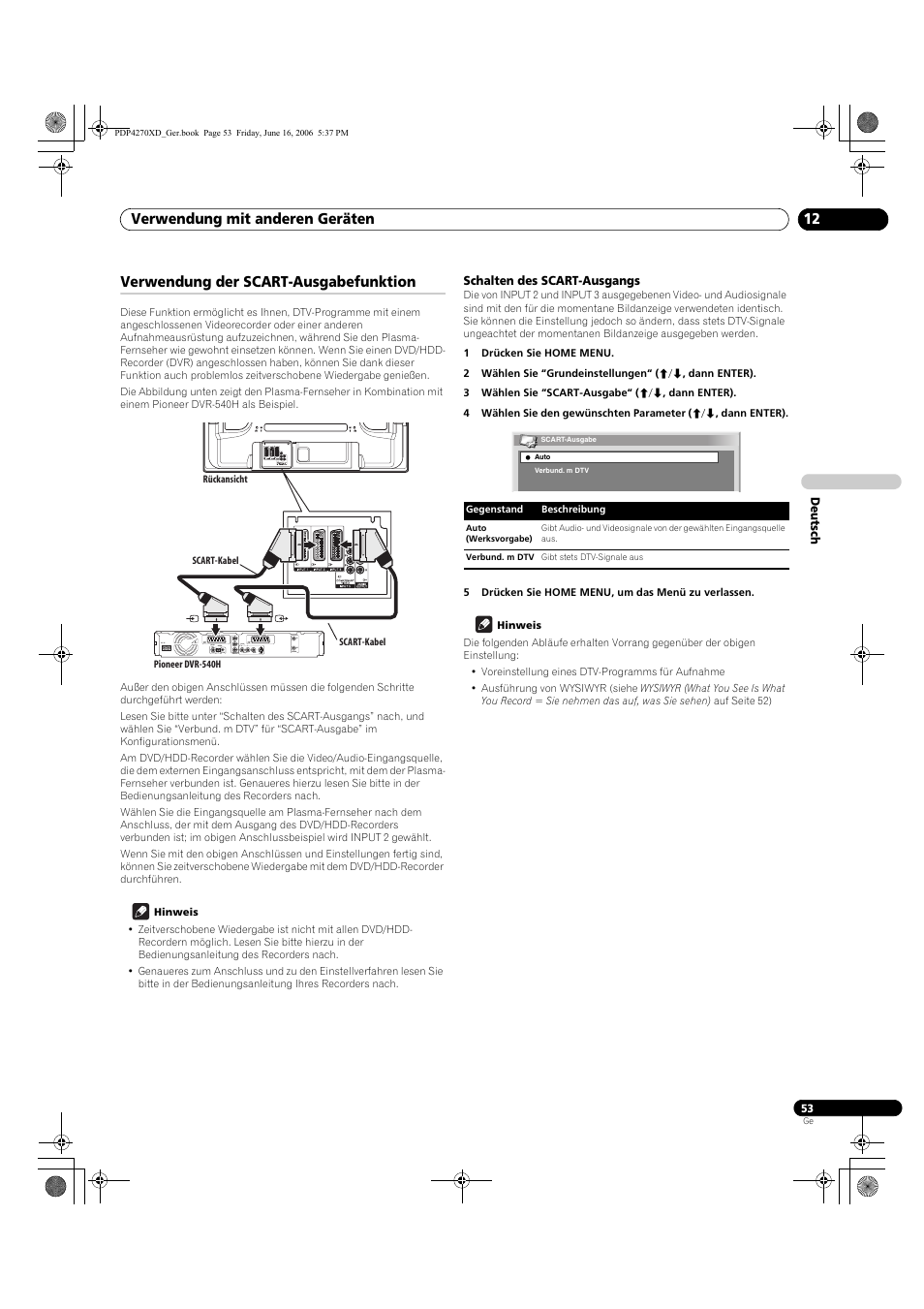 Verwendung der scart-ausgabefunktion, Schalten des scart-ausgangs | Pioneer PDP-4270XD User Manual | Page 169 / 176