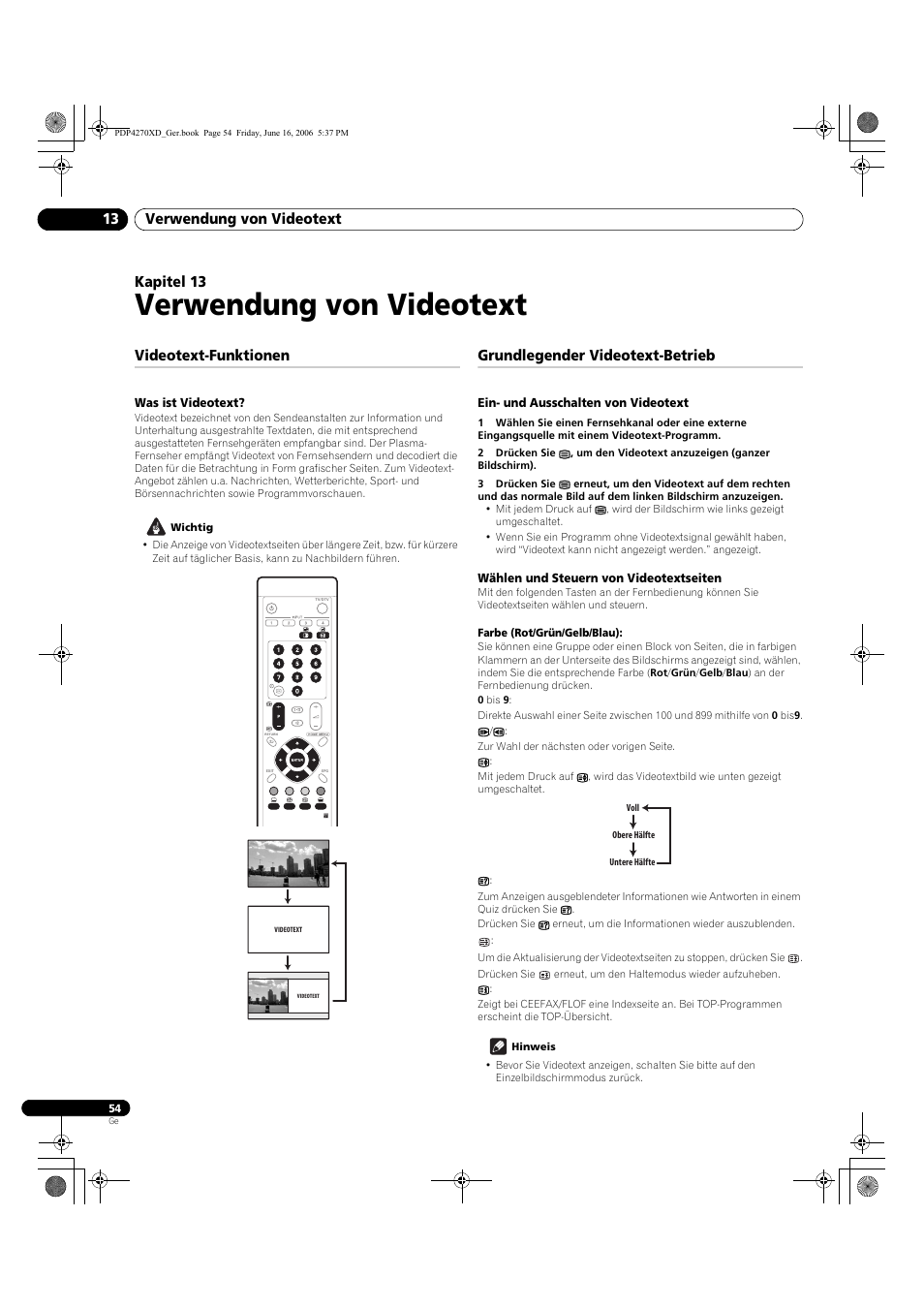 13 verwendung von videotext, Videotext-funktionen, Was ist videotext | Grundlegender videotext-betrieb, Ein- und ausschalten von videotext, Wählen und steuern von videotextseiten, Verwendung von videotext, Verwendung von videotext 13, Kapitel 13 | Pioneer PDP-4270XD User Manual | Page 170 / 176