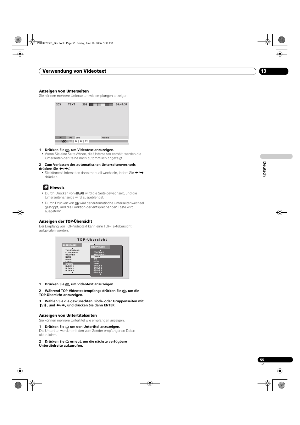 Anzeigen von unterseiten, Anzeigen der top-übersicht, Anzeigen von untertitelseiten | Verwendung von videotext 13 | Pioneer PDP-4270XD User Manual | Page 171 / 176
