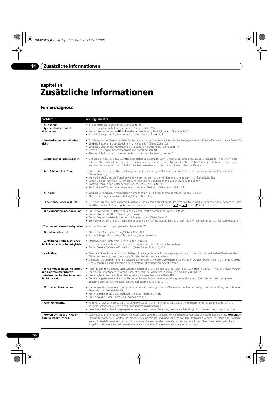 14 zusätzliche informationen, Fehlerdiagnose, Zusätzliche informationen | Zusätzliche informationen 14, Kapitel 14 | Pioneer PDP-4270XD User Manual | Page 172 / 176