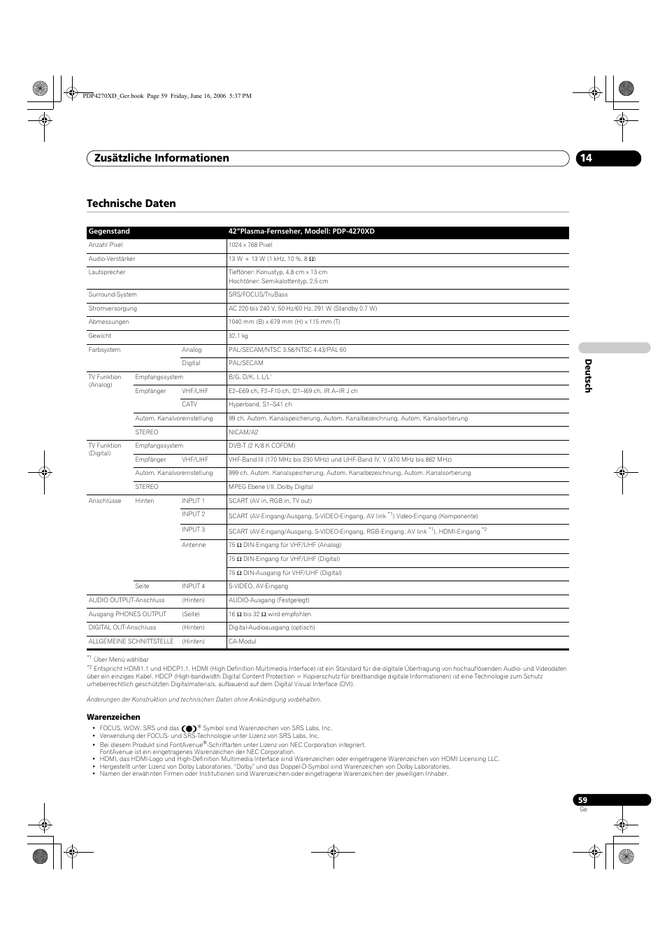 Technische daten, Zusätzliche informationen 14, Deutsch | Pioneer PDP-4270XD User Manual | Page 175 / 176