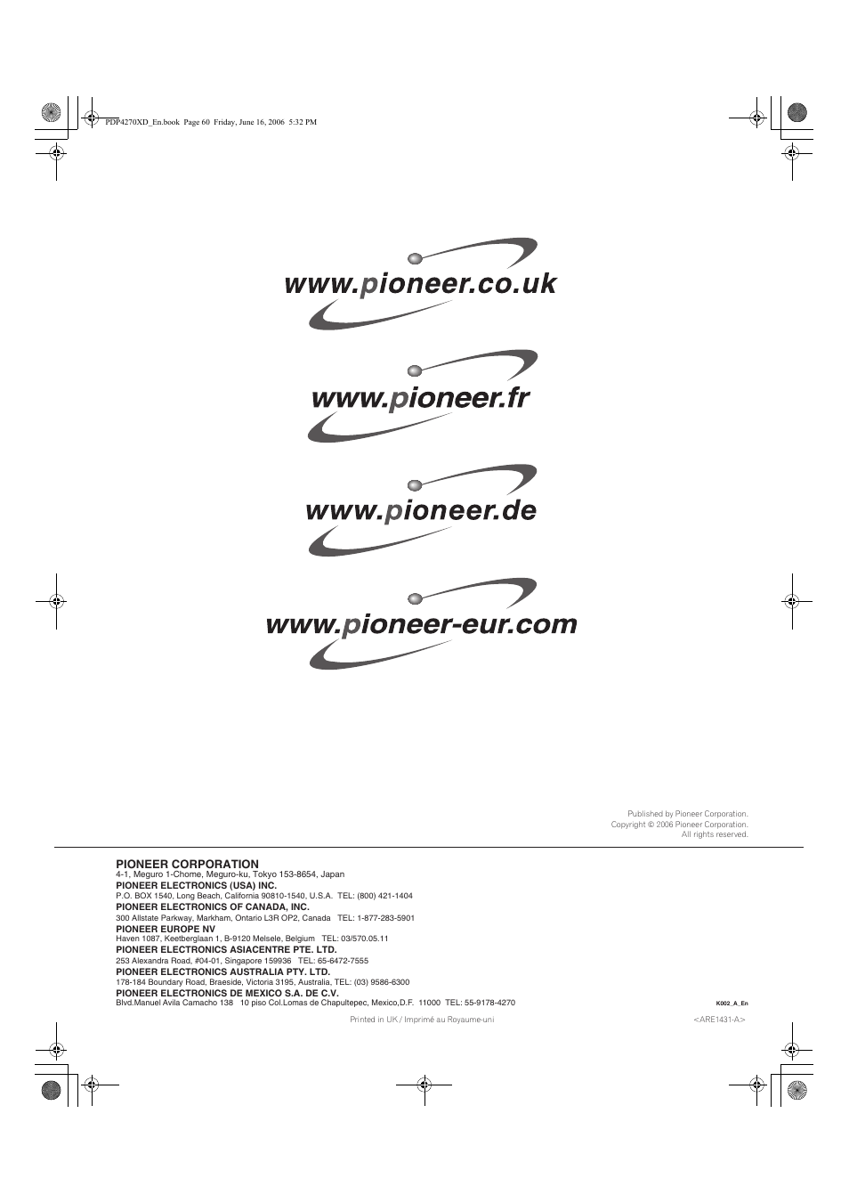 Pioneer corporation | Pioneer PDP-4270XD User Manual | Page 176 / 176