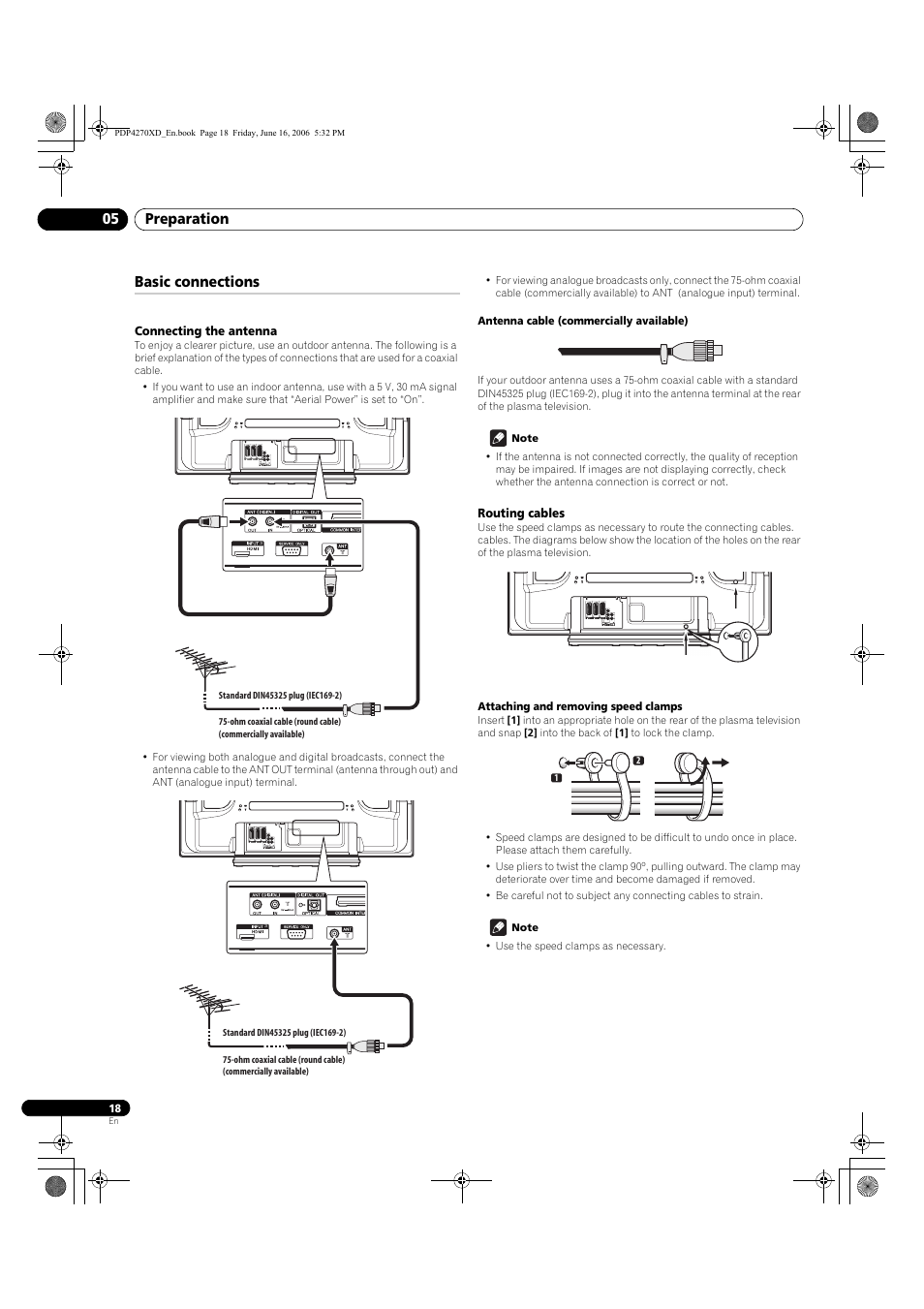 Basic connections, Connecting the antenna, Routing cables | Preparation 05 | Pioneer PDP-4270XD User Manual | Page 18 / 176