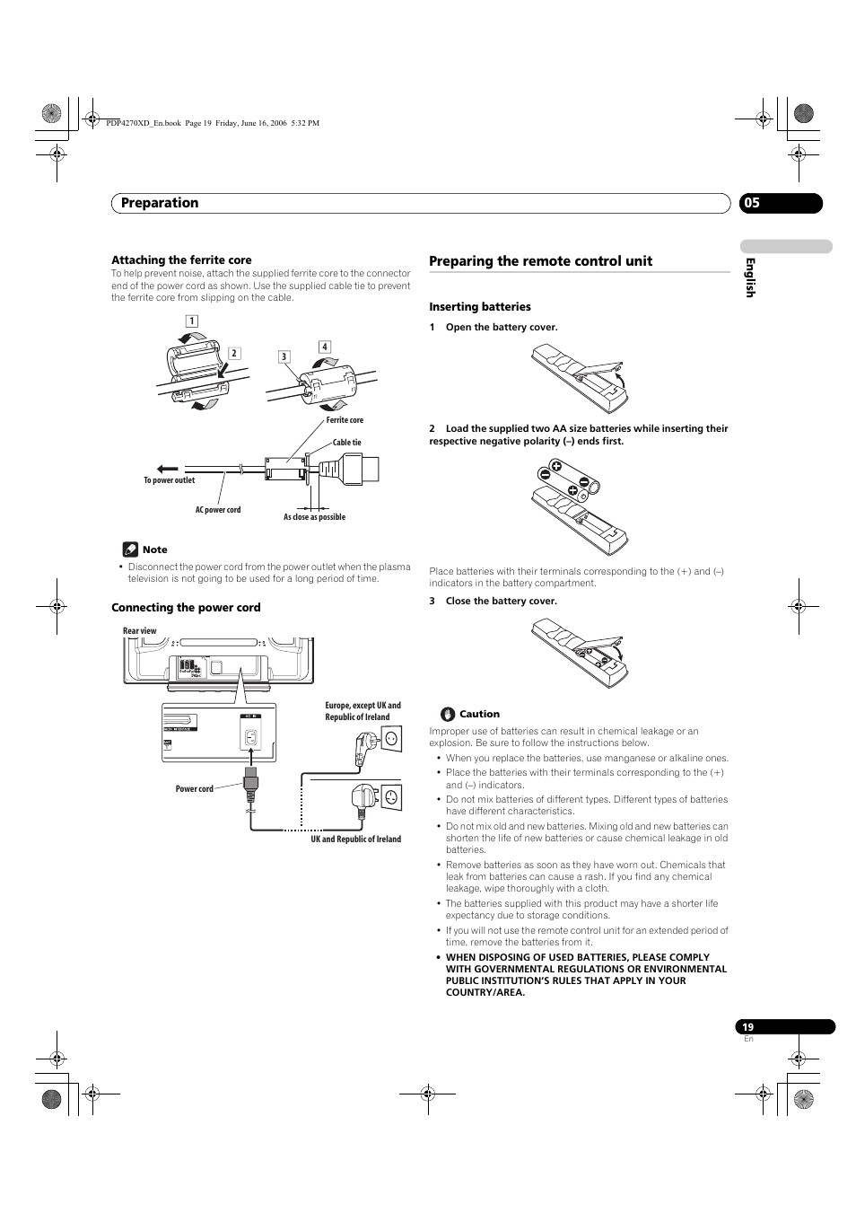 Attaching the ferrite core, Connecting the power cord, Preparing the remote control unit | Inserting batteries, Preparation 05 | Pioneer PDP-4270XD User Manual | Page 19 / 176