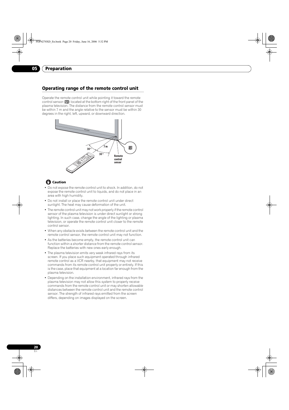 Operating range of the remote control unit, Preparation 05 | Pioneer PDP-4270XD User Manual | Page 20 / 176