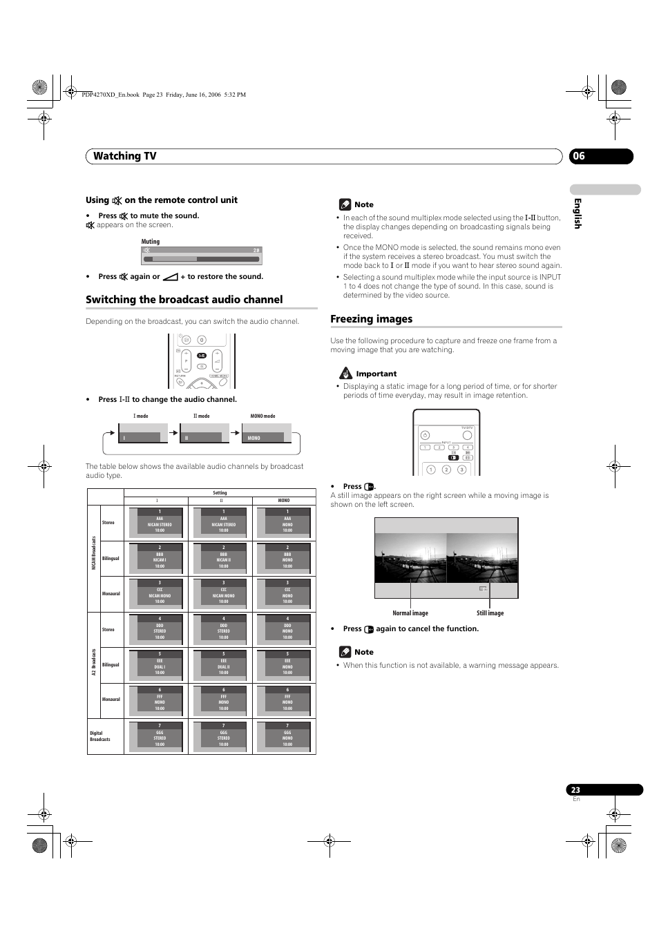 Using, E on the remote control unit, Switching the broadcast audio channel | Freezing images, Watching tv 06, English using e on the remote control unit | Pioneer PDP-4270XD User Manual | Page 23 / 176
