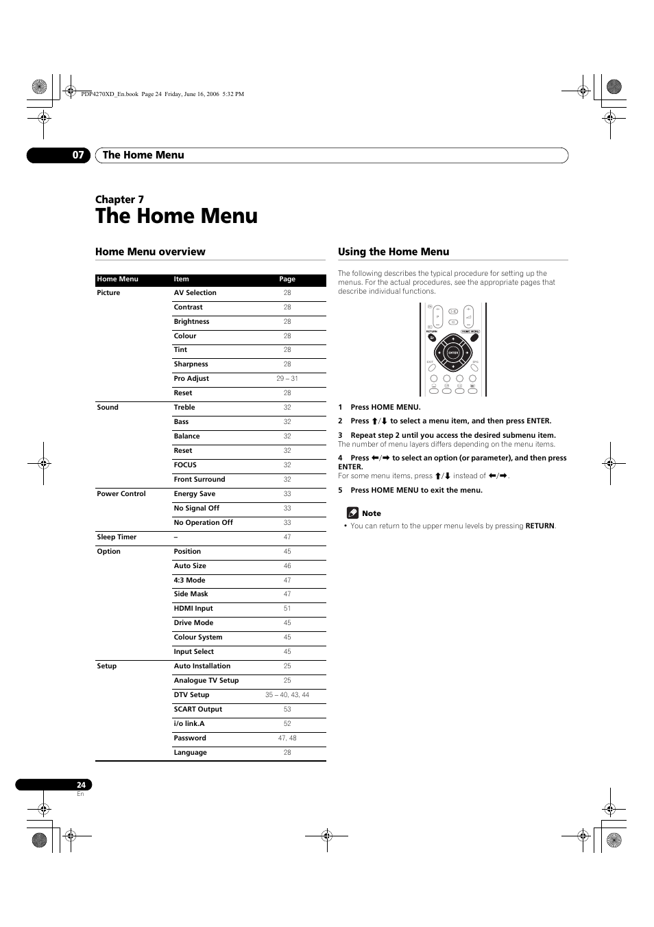 07 the home menu, Home menu overview, Using the home menu | The home menu, The home menu 07, Chapter 7, Home menu overview using the home menu | Pioneer PDP-4270XD User Manual | Page 24 / 176