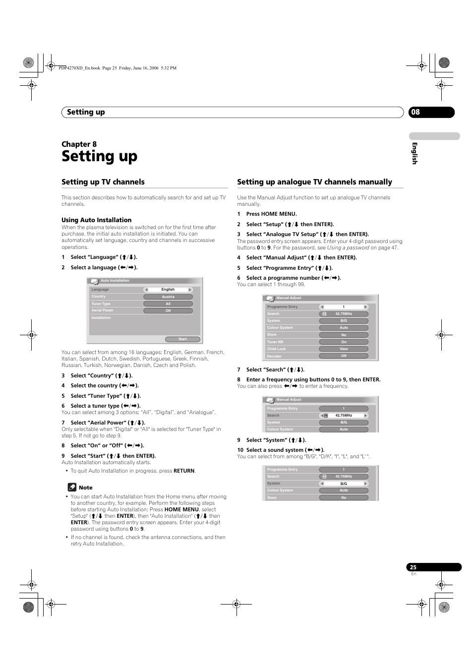 08 setting up, Setting up tv channels, Using auto installation | Setting up analogue tv channels manually, Setting up, Setting up 08, Chapter 8 | Pioneer PDP-4270XD User Manual | Page 25 / 176