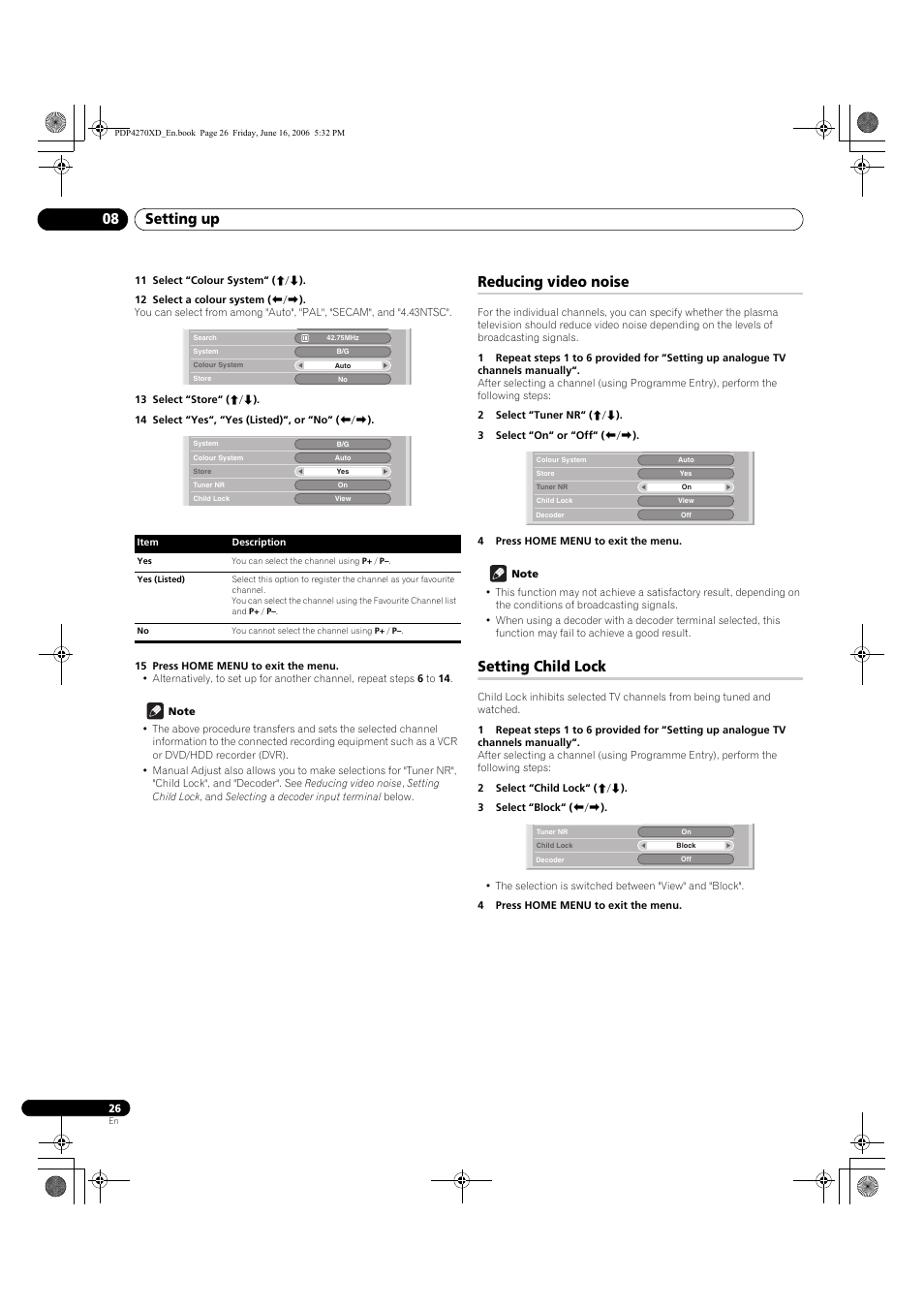 Reducing video noise, Setting child lock, Setting up 08 | Pioneer PDP-4270XD User Manual | Page 26 / 176