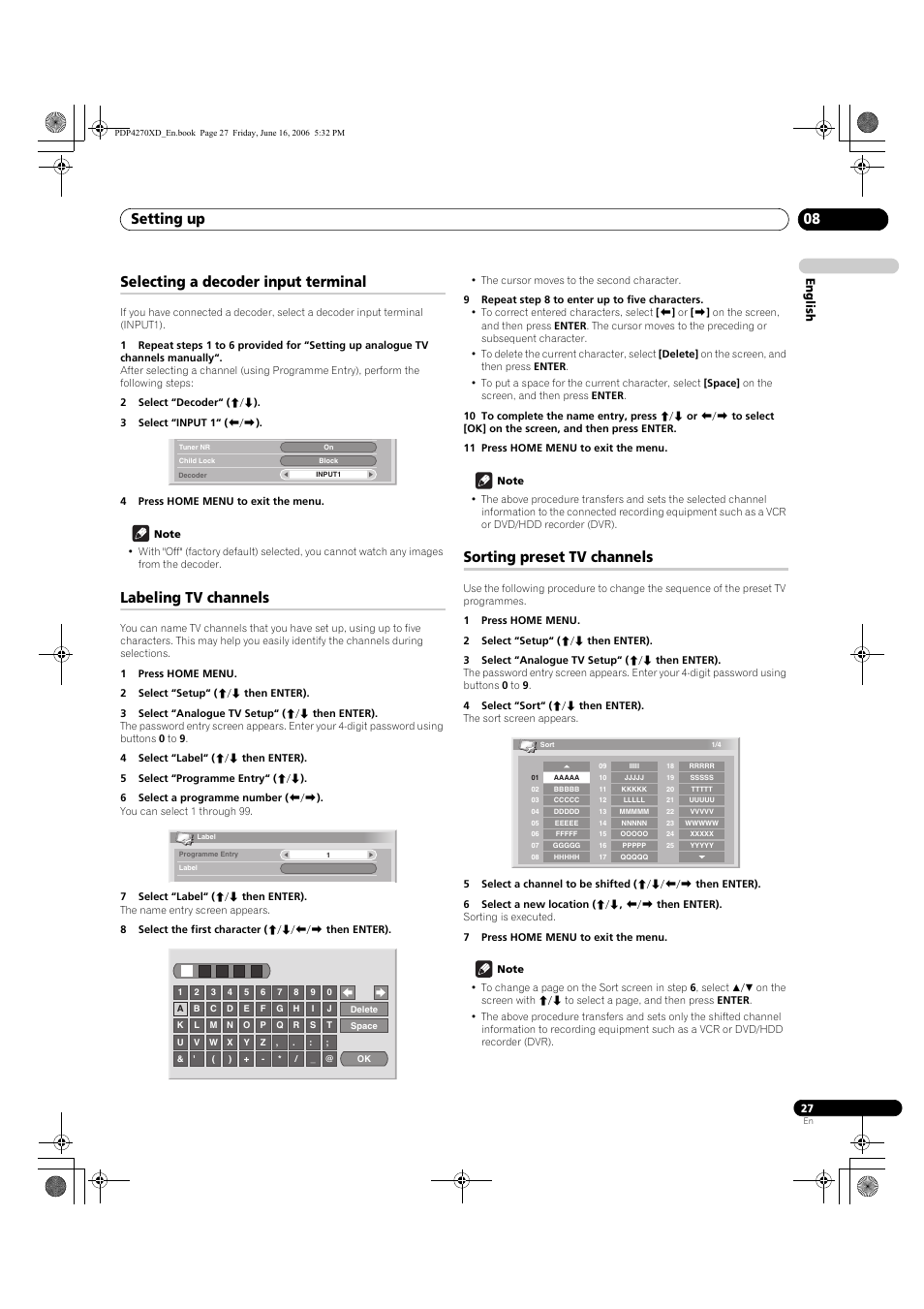 Selecting a decoder input terminal, Labeling tv channels, Sorting preset tv channels | Setting up 08, English | Pioneer PDP-4270XD User Manual | Page 27 / 176