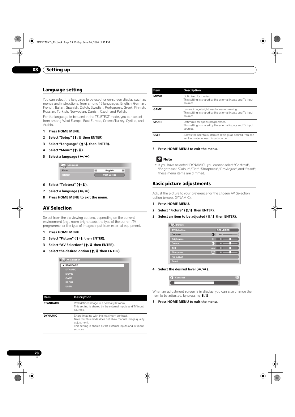 Language setting, Av selection, Basic picture adjustments | Setting up 08 | Pioneer PDP-4270XD User Manual | Page 28 / 176