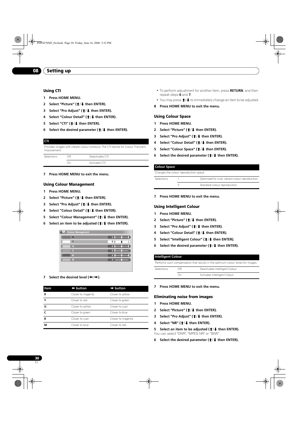 Using cti, Using colour management, Using colour space | Using intelligent colour, Eliminating noise from images, Setting up 08 | Pioneer PDP-4270XD User Manual | Page 30 / 176