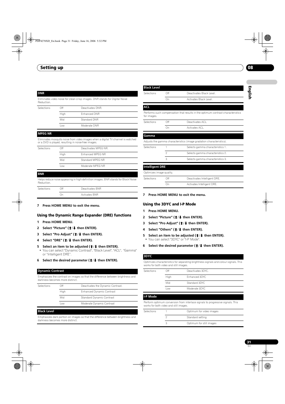 Using the dynamic range expander (dre) functions, Using the 3dyc and i-p mode, Setting up 08 | Pioneer PDP-4270XD User Manual | Page 31 / 176