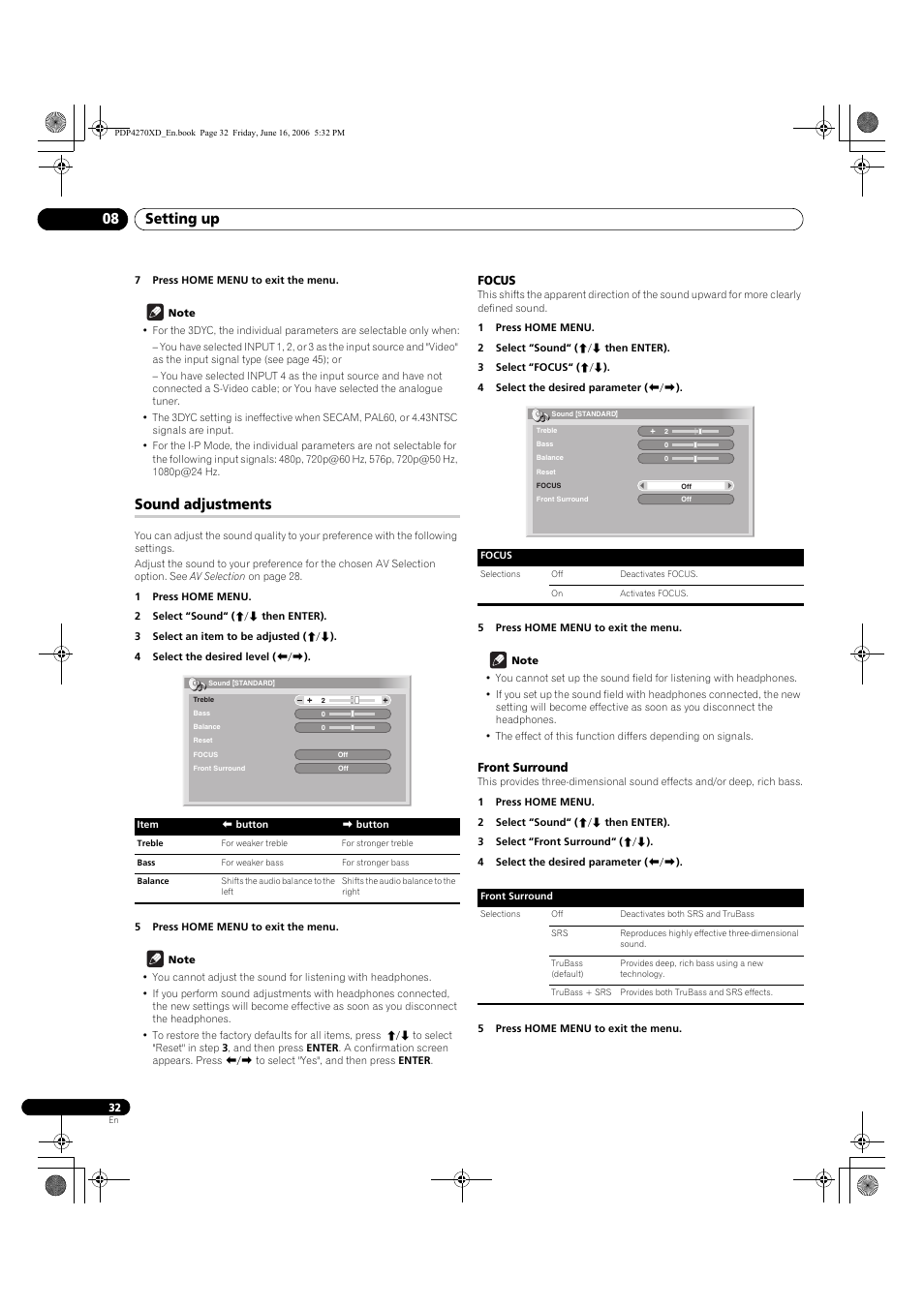 Sound adjustments, Focus, Front surround | Setting up 08 | Pioneer PDP-4270XD User Manual | Page 32 / 176