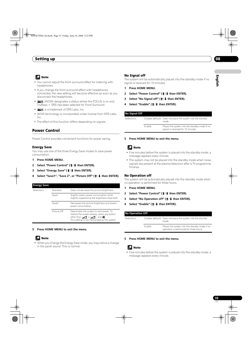 Power control, Energy save, No signal off | No operation off, Setting up 08 | Pioneer PDP-4270XD User Manual | Page 33 / 176