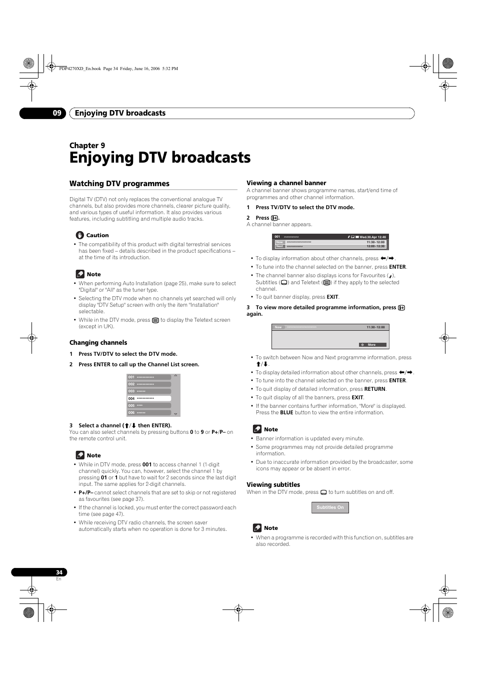 09 enjoying dtv broadcasts, Watching dtv programmes, Changing channels | Viewing a channel banner, Viewing subtitles, Enjoying dtv broadcasts, Enjoying dtv broadcasts 09, Chapter 9 | Pioneer PDP-4270XD User Manual | Page 34 / 176