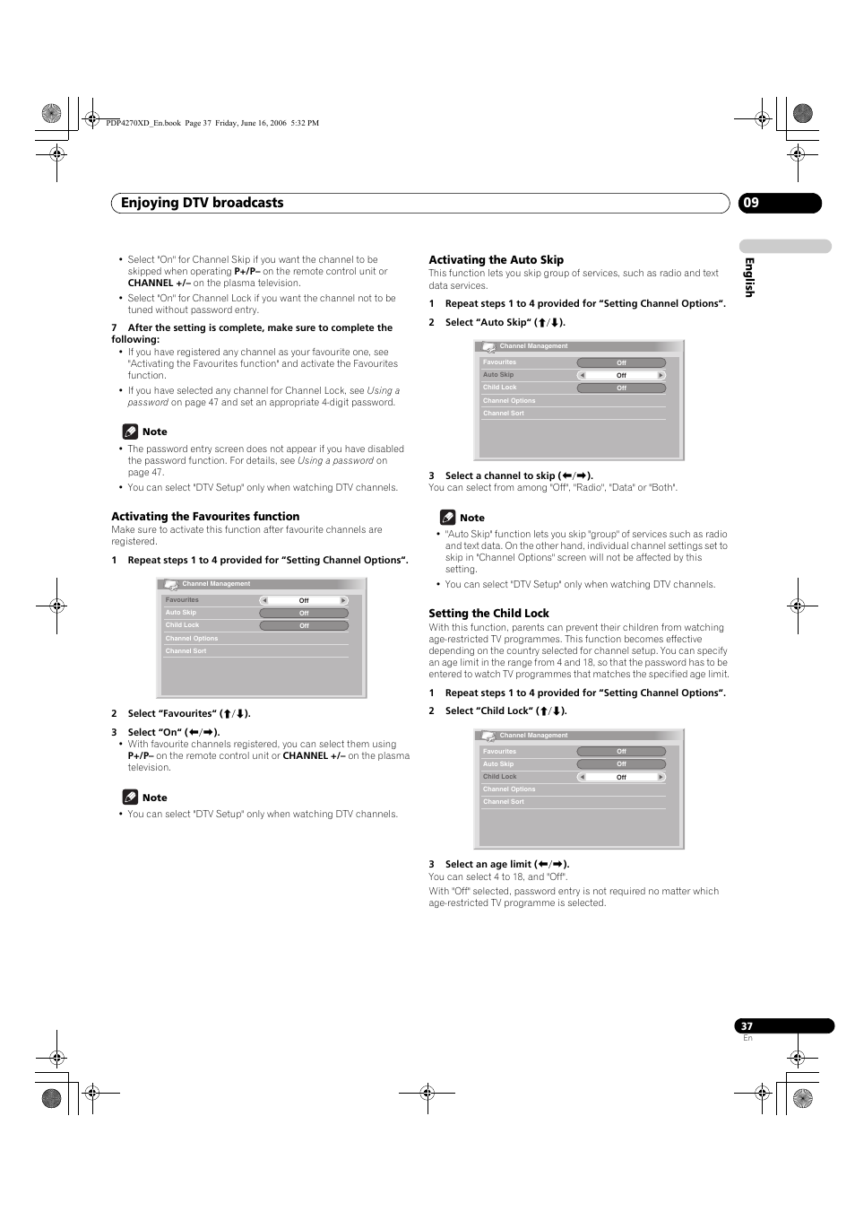 Activating the favourites function, Activating the auto skip, Setting the child lock | Enjoying dtv broadcasts 09 | Pioneer PDP-4270XD User Manual | Page 37 / 176