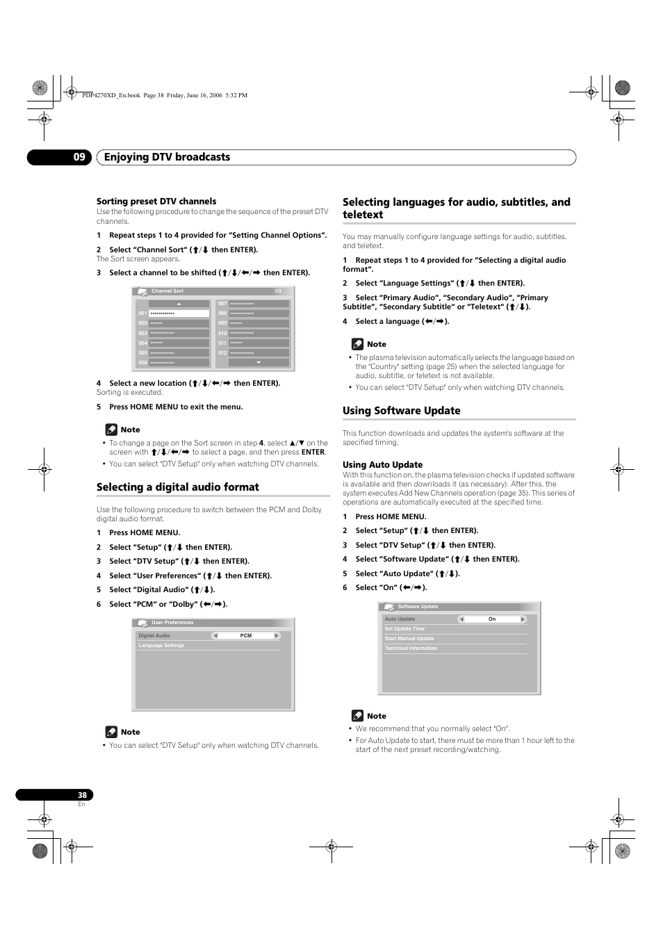 Sorting preset dtv channels, Selecting a digital audio format, Using software update | Using auto update, Enjoying dtv broadcasts 09 | Pioneer PDP-4270XD User Manual | Page 38 / 176