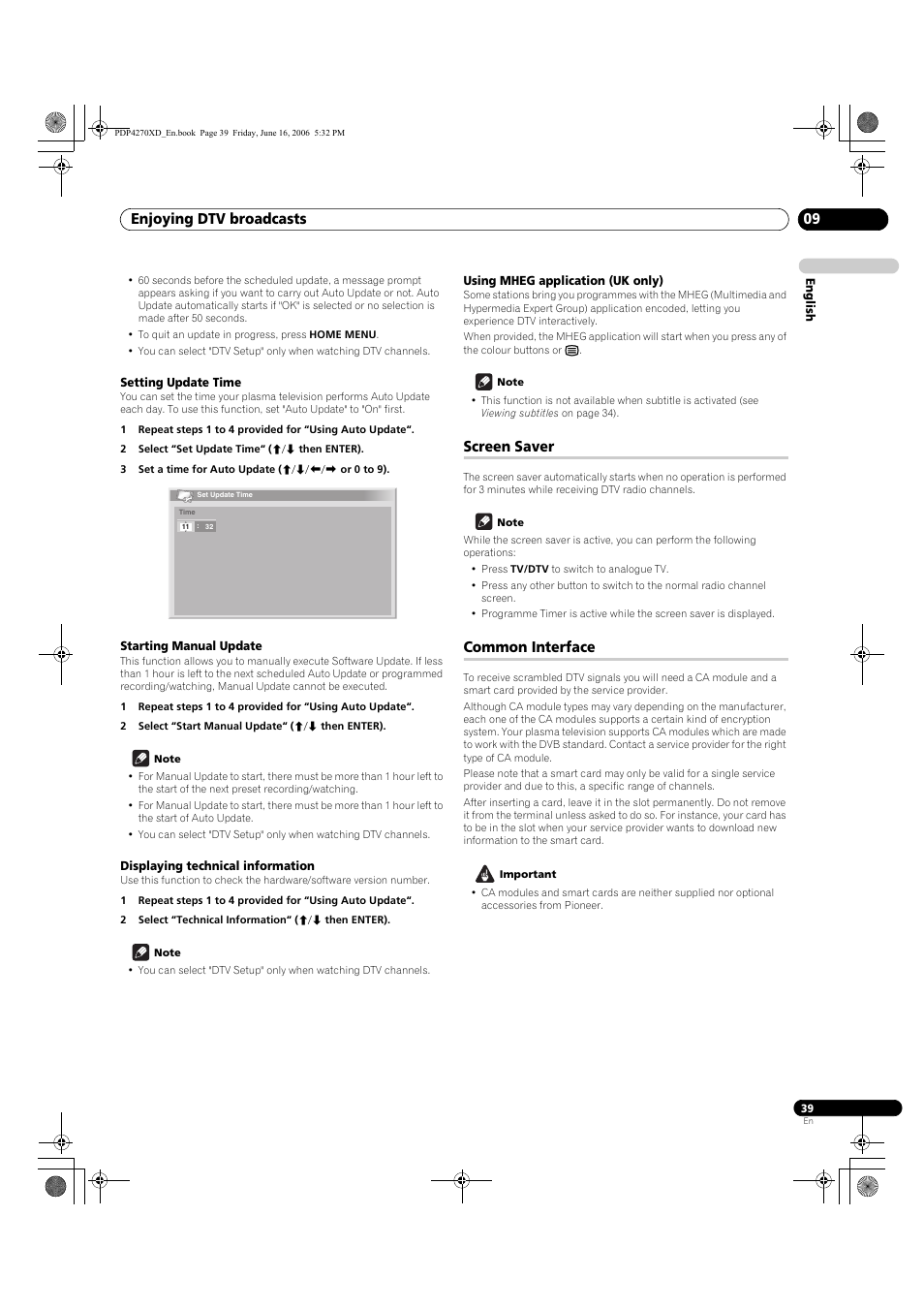 Setting update time, Starting manual update, Displaying technical information | Using mheg application (uk only), Screen saver, Common interface, Enjoying dtv broadcasts 09 | Pioneer PDP-4270XD User Manual | Page 39 / 176