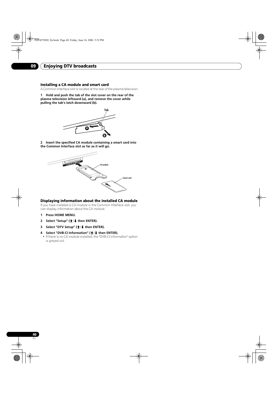 Installing a ca module and smart card, Enjoying dtv broadcasts 09 | Pioneer PDP-4270XD User Manual | Page 40 / 176