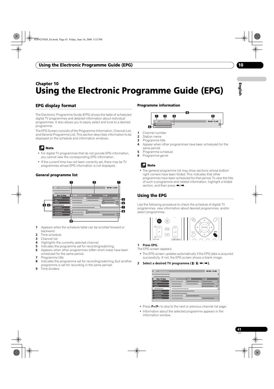 10 using the electronic programme guide (epg), Epg display format, General programme list | Programme information, Using the epg, Using the electronic programme guide (epg) | Pioneer PDP-4270XD User Manual | Page 41 / 176