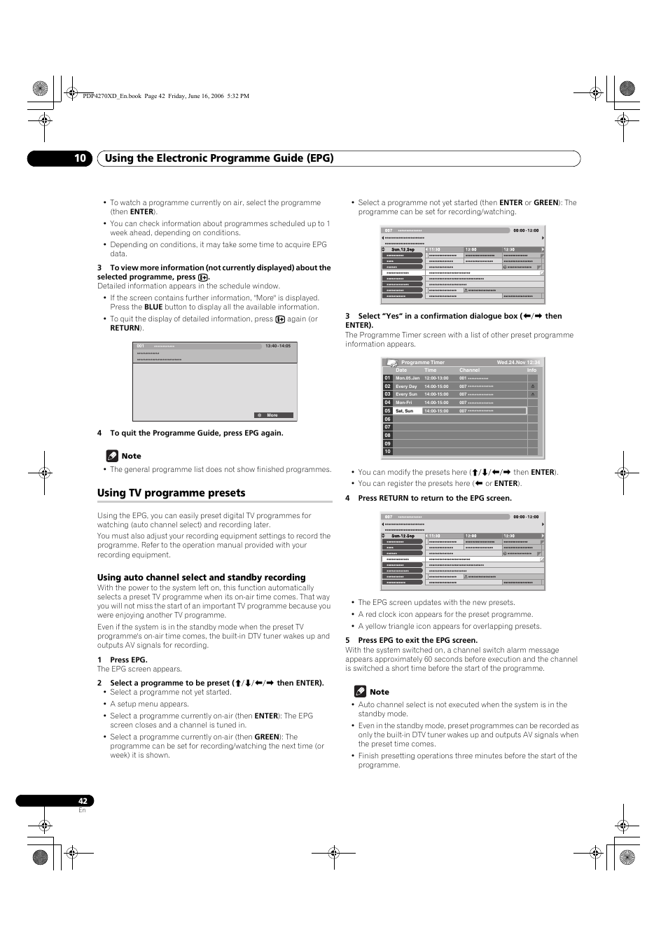 Using tv programme presets, Using auto channel select and standby recording, Using the electronic programme guide (epg) 10 | Pioneer PDP-4270XD User Manual | Page 42 / 176
