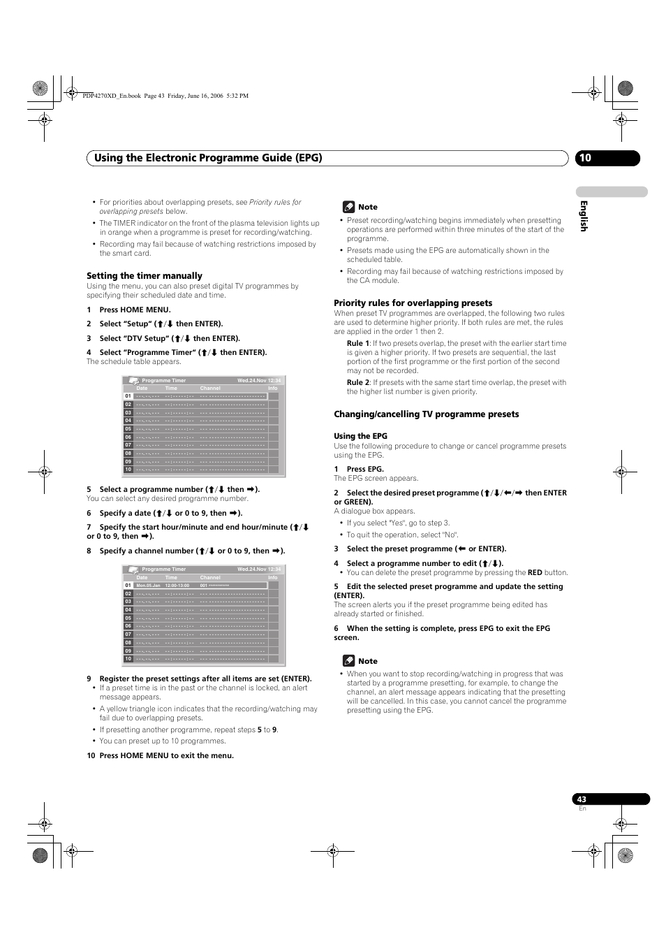 Setting the timer manually, Priority rules for overlapping presets, Changing/cancelling tv programme presets | Using the electronic programme guide (epg) 10, English | Pioneer PDP-4270XD User Manual | Page 43 / 176