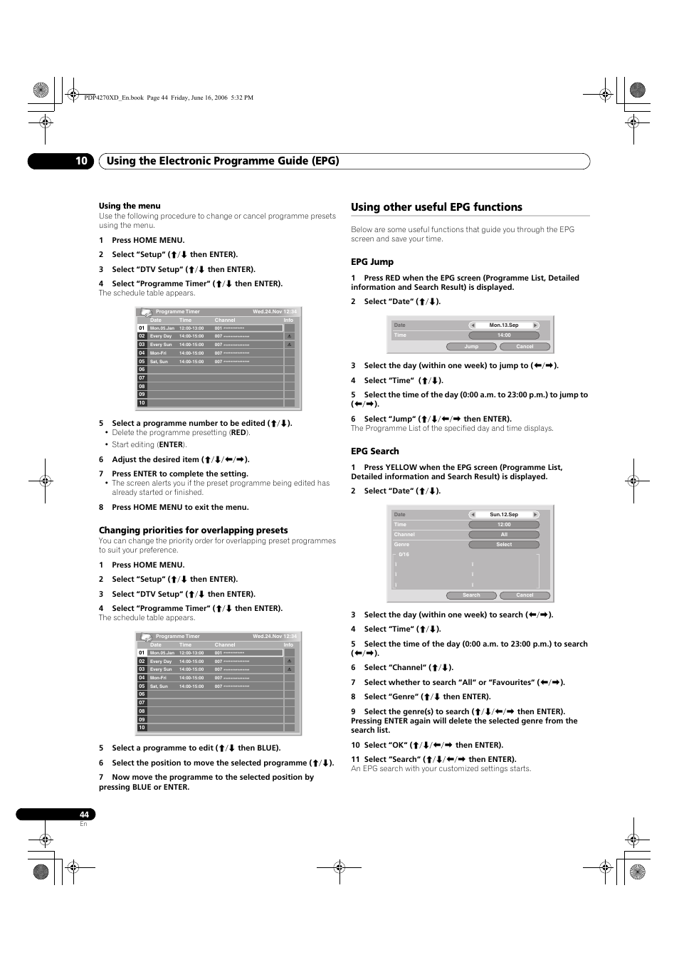 Changing priorities for overlapping presets, Using other useful epg functions, Epg jump | Epg search, Using the electronic programme guide (epg) 10 | Pioneer PDP-4270XD User Manual | Page 44 / 176