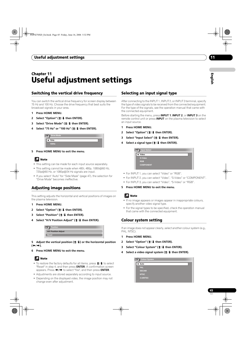 11 useful adjustment settings, Switching the vertical drive frequency, Adjusting image positions | Selecting an input signal type, Colour system setting, Useful adjustment settings, Useful adjustment settings 11, Chapter 11 | Pioneer PDP-4270XD User Manual | Page 45 / 176