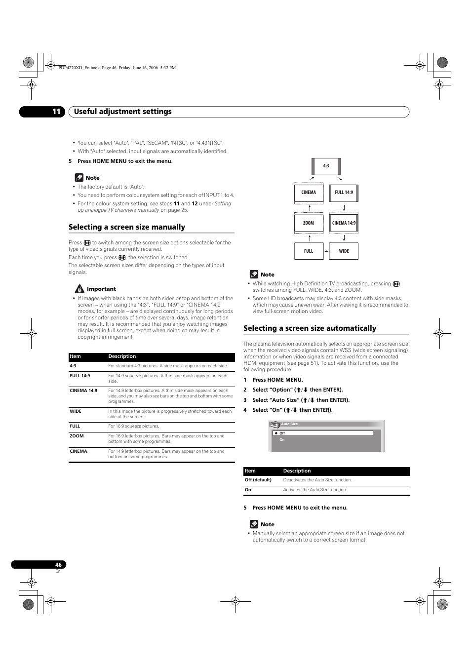 Selecting a screen size manually, Selecting a screen size automatically, Useful adjustment settings 11 | Pioneer PDP-4270XD User Manual | Page 46 / 176