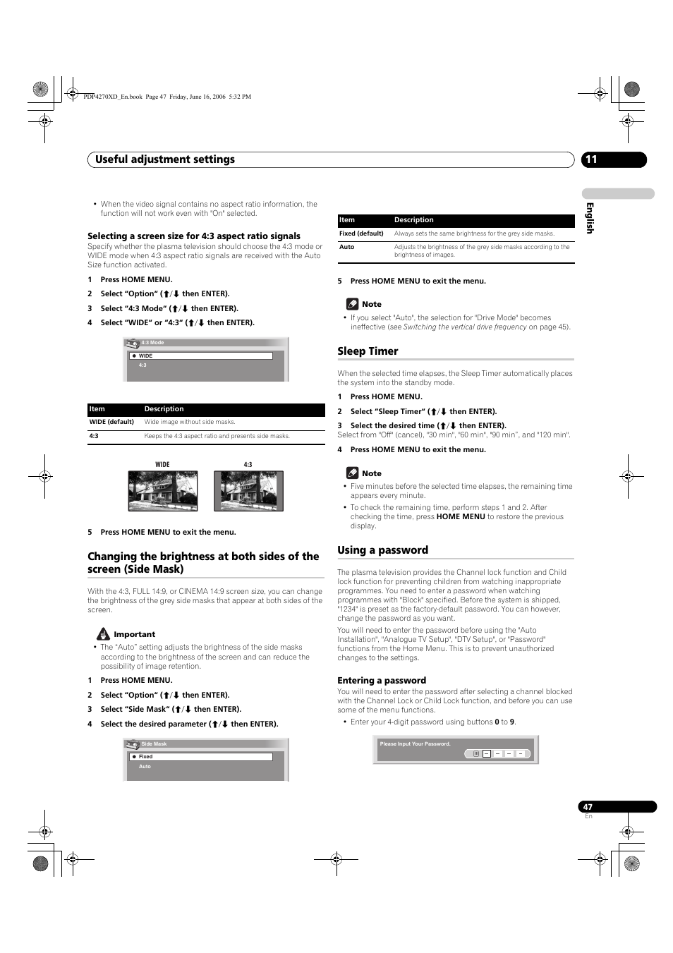 Sleep timer, Using a password, Entering a password | Useful adjustment settings 11 | Pioneer PDP-4270XD User Manual | Page 47 / 176