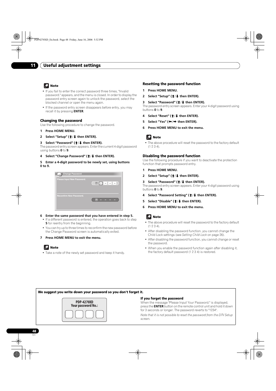 Changing the password, Resetting the password function, Disabling the password function | 12 using with other equipment, Connecting a dvd player, Dvd playback, Connecting a decoder, Displaying a decoder image, Connecting a vcr, Useful adjustment settings 11 | Pioneer PDP-4270XD User Manual | Page 48 / 176