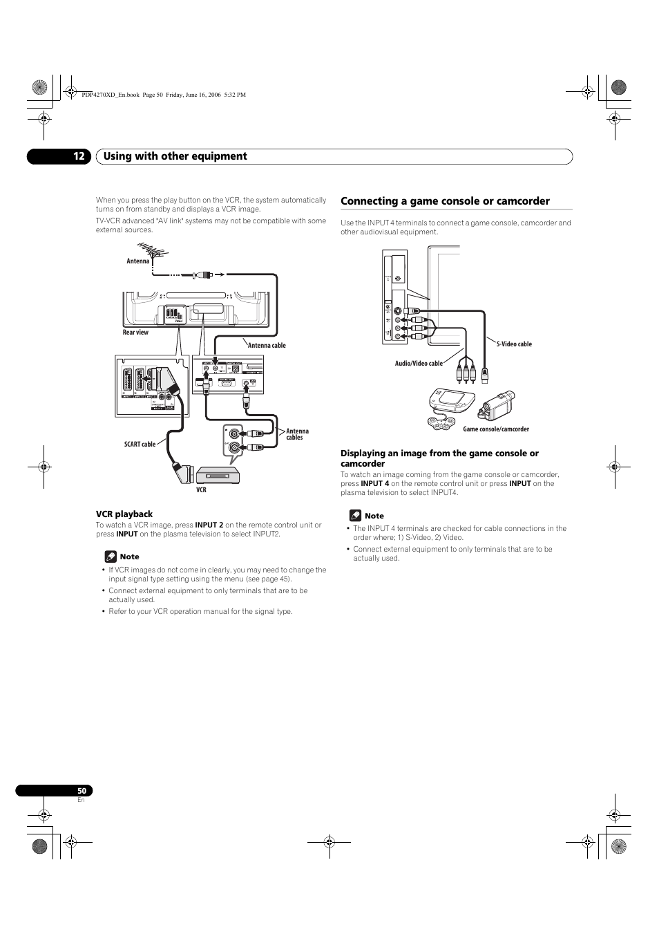 Vcr playback, Connecting a game console or camcorder, Using with other equipment 12 | Pioneer PDP-4270XD User Manual | Page 50 / 176