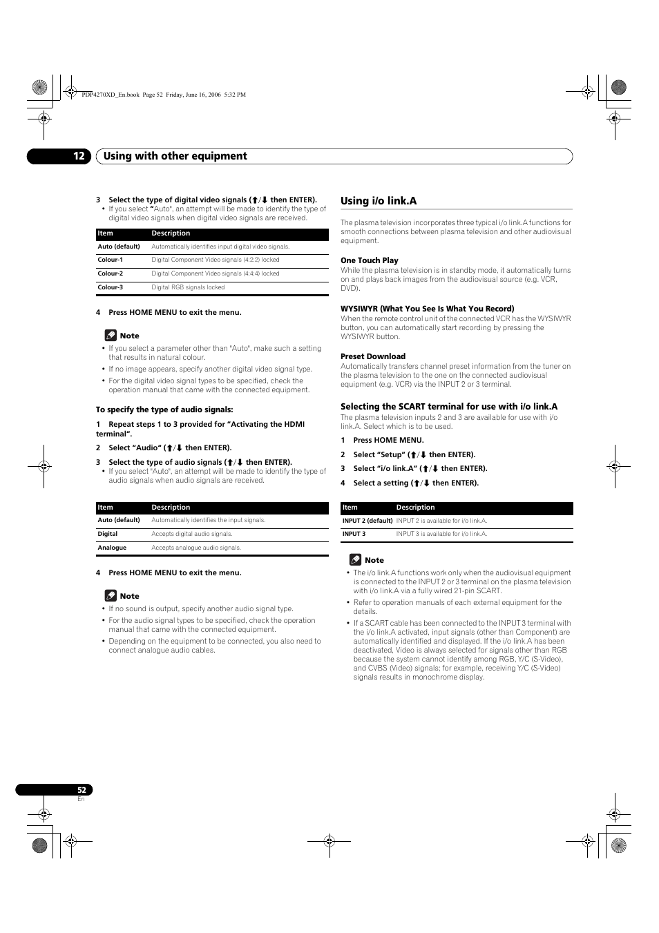 Using i/o link.a, Using with other equipment 12 | Pioneer PDP-4270XD User Manual | Page 52 / 176