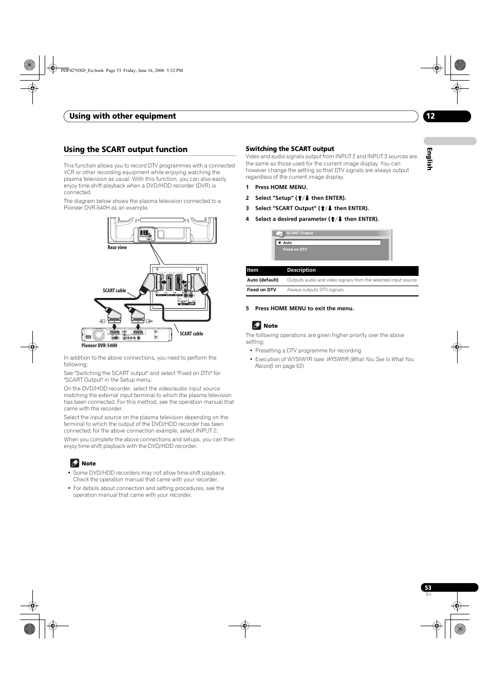 Using the scart output function, Switching the scart output | Pioneer PDP-4270XD User Manual | Page 53 / 176