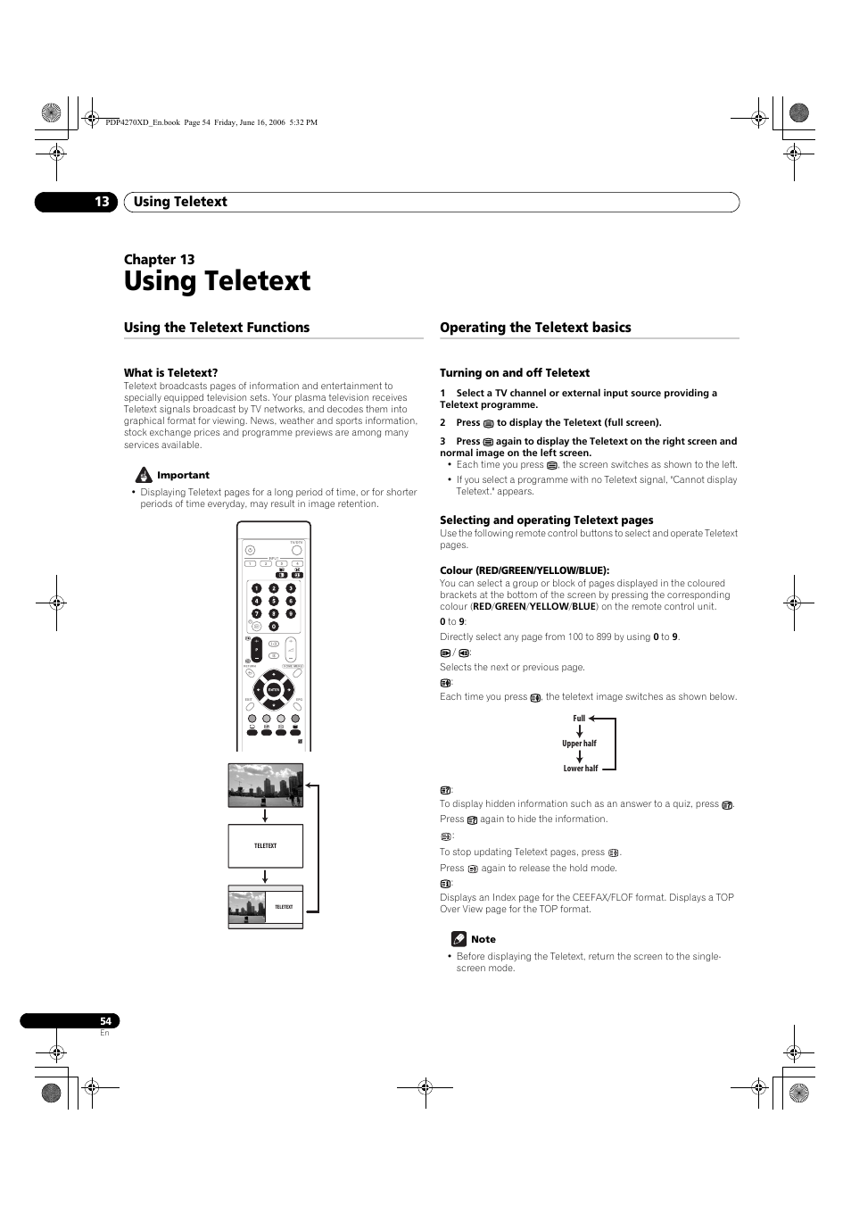 13 using teletext, Using the teletext functions, What is teletext | Operating the teletext basics, Turning on and off teletext, Using teletext, Using teletext 13, Chapter 13 | Pioneer PDP-4270XD User Manual | Page 54 / 176