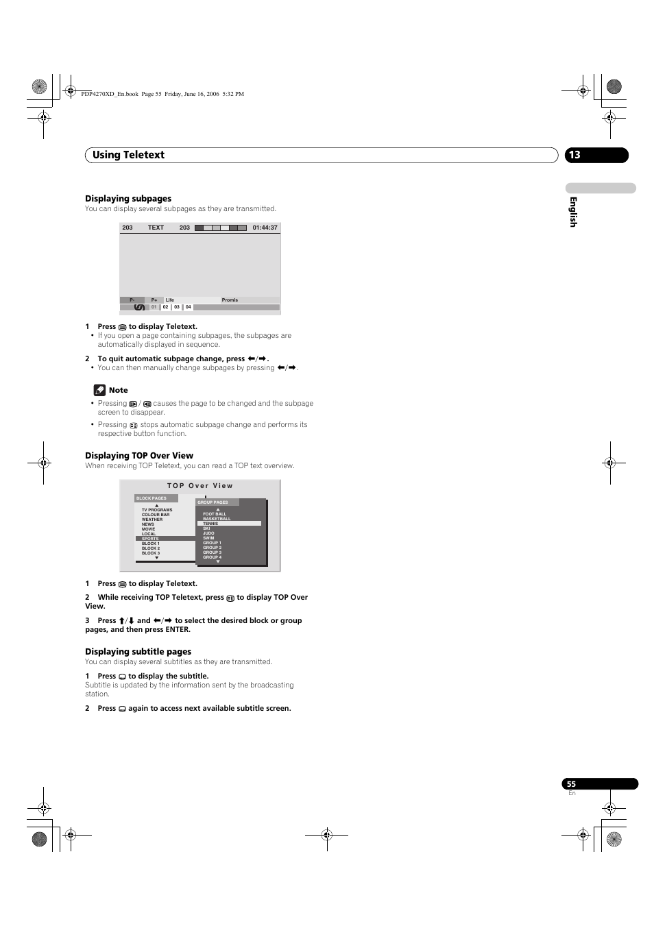 Displaying top over view, Using teletext 13 | Pioneer PDP-4270XD User Manual | Page 55 / 176