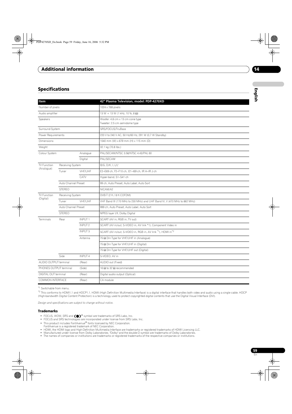 Specifications, Additional information 14, English | Pioneer PDP-4270XD User Manual | Page 59 / 176