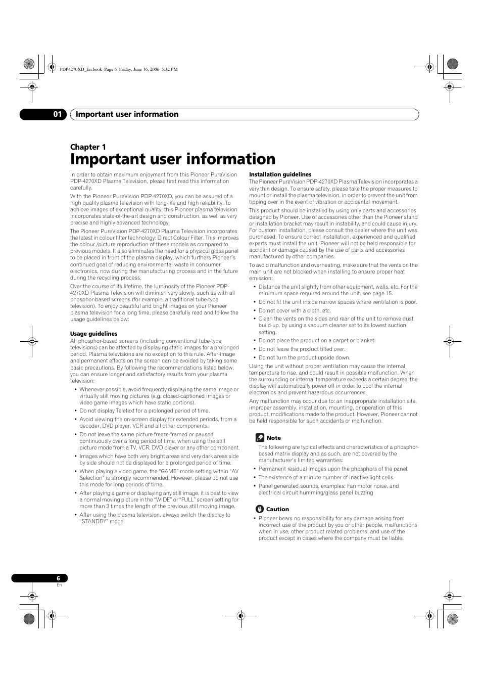 01 important user information, Important user information | Pioneer PDP-4270XD User Manual | Page 6 / 176